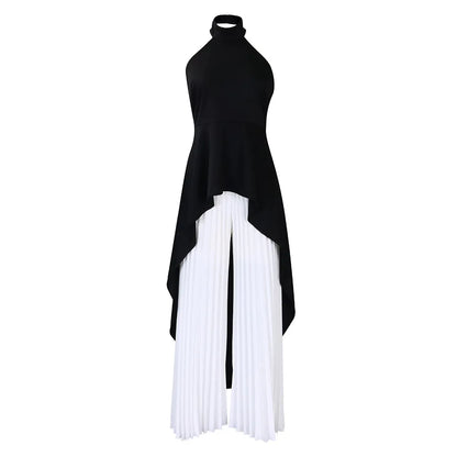 Elegant Two Piece Set Women Outfit Backless Top Hundred Pleated Wide Leg Pants Trousers Suit Summer Office Lady Suit