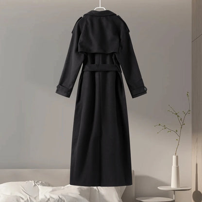 Urban Solid Double Breasted Long Women Coat Loose Full Sleeve Belt Double Breasted Jacket