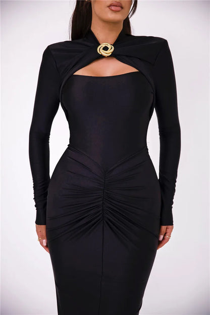 Hollow Out Long Sleeve Maxi Dress For Women Metal Buckle Bodycon Cocktail Dress