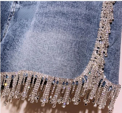 Rhinestones Fringed High Waist Hot Drilling Denim Shorts Diamonds Tassels Jeans Short