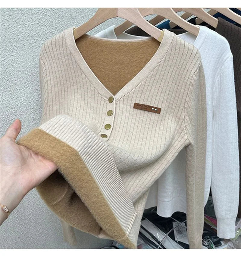 Thick Velvet V-neck Sweater Women Korean Fashion Lined Warm Knitted Pullover