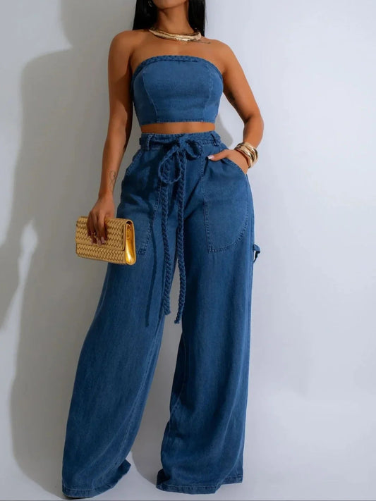 Denim Women's Set Strapless Crop Top and Wide Leg Jeans Pants Two 2 Piece Sets Outfit