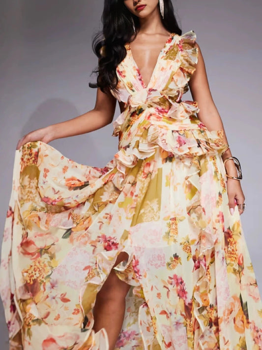 Maxi Dress for Women V Neck Sleeveless High Waist Patchwork Ruffles Edge French Sexy Printed Dress