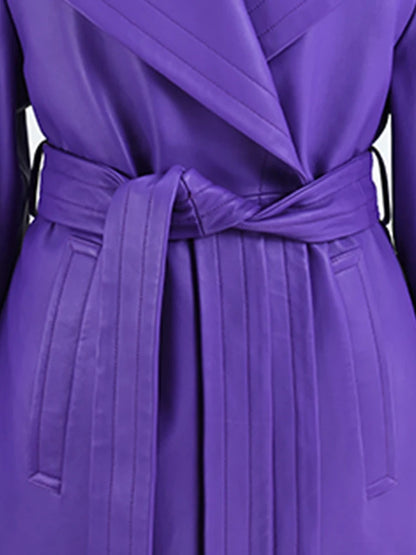Elegant Purple Colored Faux Leather Trench Coat for Women Sashes Runway Coat