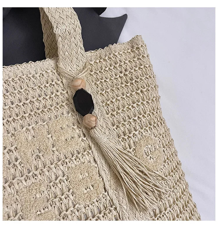 Women's Large Capacity Shoulder Bag Straw Woven Bag Letter Embroidery Handbag
