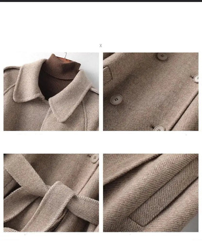 Woolen Coat New British style POLO collar Lace up Double breasted Coat