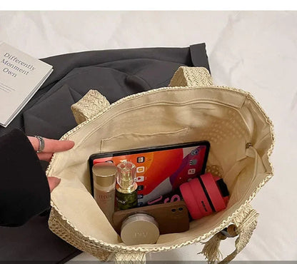 Women's Large Capacity Shoulder Bag Straw Woven Bag Letter Embroidery Handbag