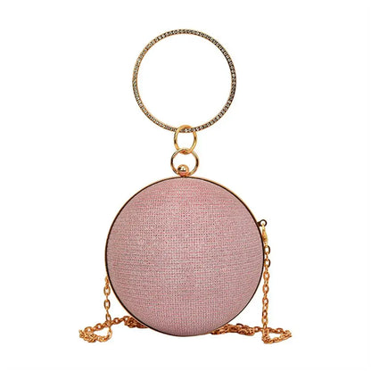 Gold Bright Silk Circular Evening Bag Women Banquet Clutch Rhinestone Chain Shoulder Bags