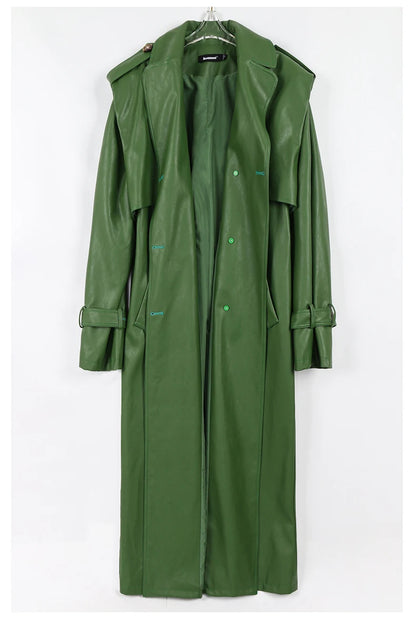 Long Green Pu Leather Trench Coat for Women with Back Slit Sashes Single Breasted