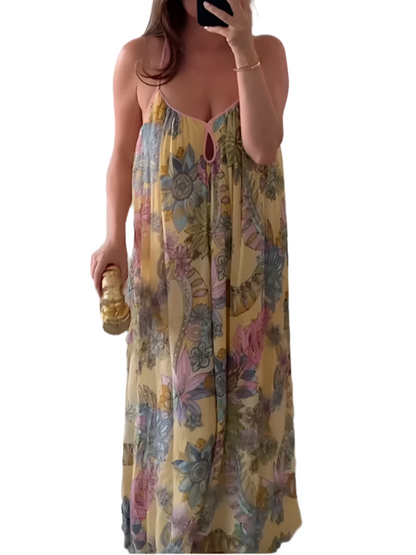 Print Floral Women's Dress Halter V-neck Sleeveless Hollow out Straight Vacation Dress