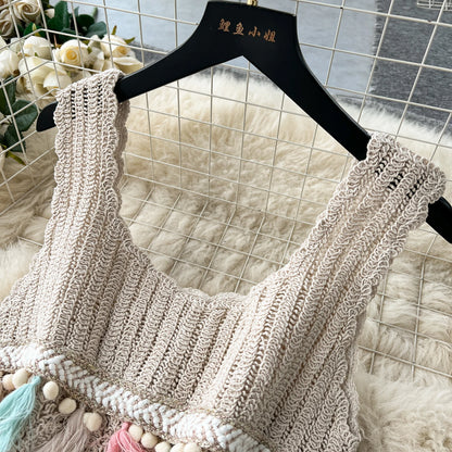 Bohemian Vintage Knit Two Piece Tank Tassels Crop Tops+Loose Hooked Hollow Out Skirt Beach Outfit