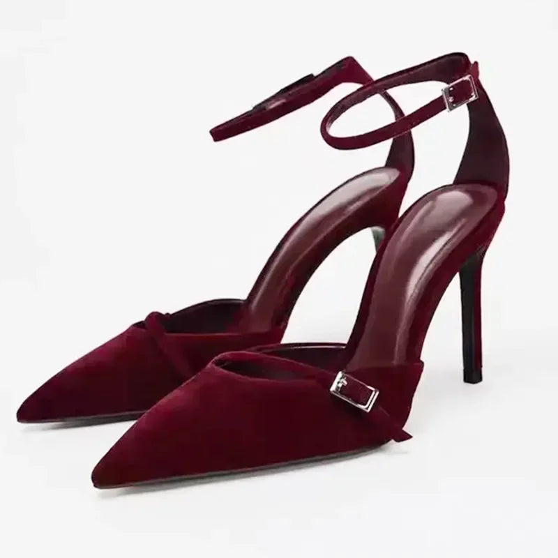 Faux Suede Burgundy Toe High-heeled Sandals Women Elegant Burgundy High Heels