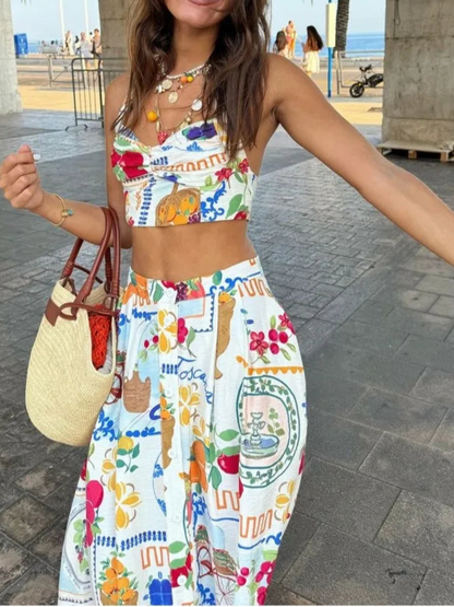 Colorful Printed Suspenders Skirt Set Women Patchwork Quilted High Waist Skirt Two Piece Summer