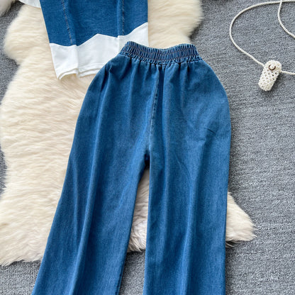 Women Denim pant sets Design Matching Color Short-sleeved T-shirt Tops + High-waisted Casual Pants