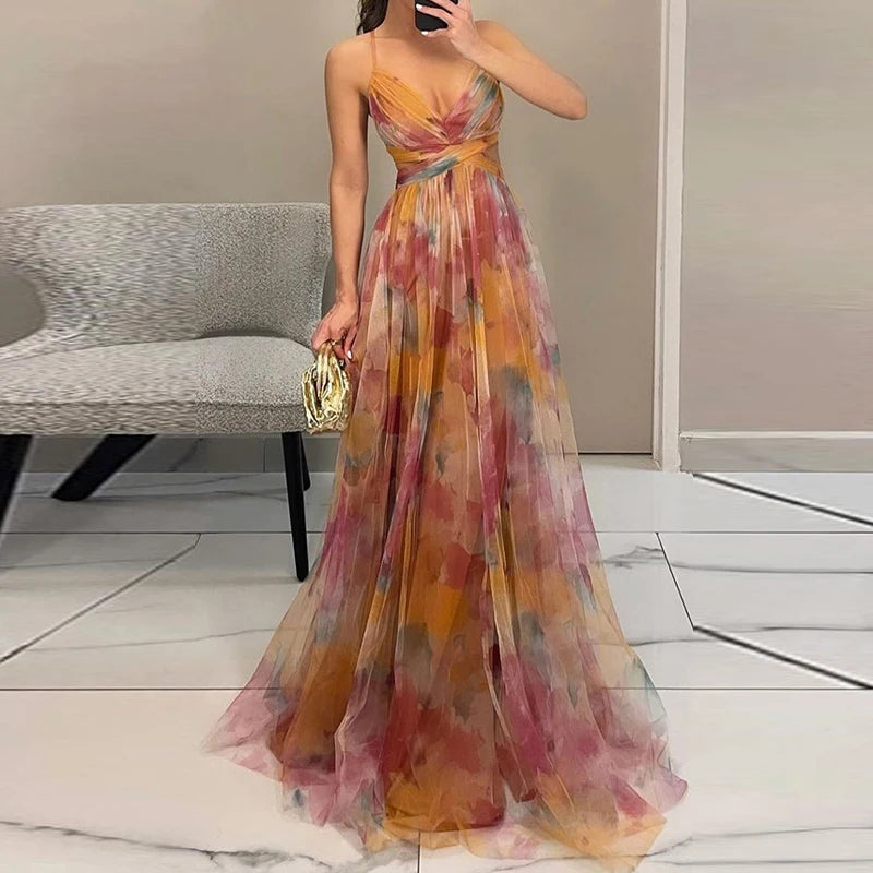 Elegant Off Shoulder Vacation Long Pleated Dress Spaghetti Maxi Dress