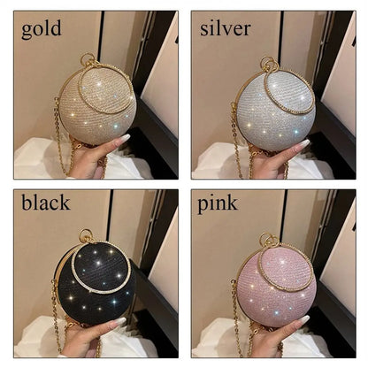 Gold Bright Silk Circular Evening Bag Women Banquet Clutch Rhinestone Chain Shoulder Bags