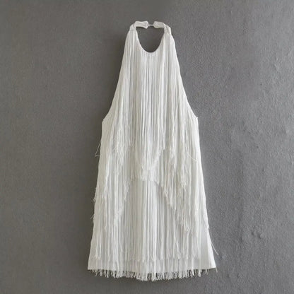 Women's Solid Color Hanging Neck Sling Backless Tassel Mini Dress