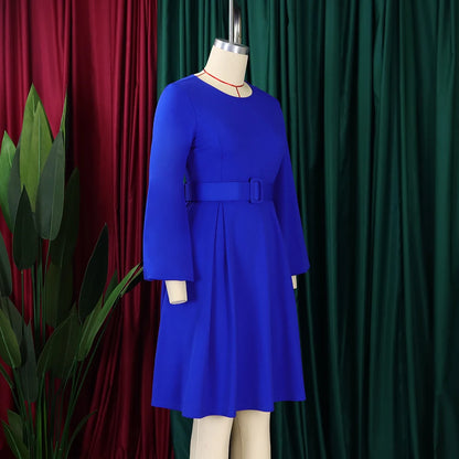 Elegant Office Dresses Women O Neck Full Sleeve Belt Waisted Pleated A Line Mid Calf Formal Female Business Work Wear Dress Midi