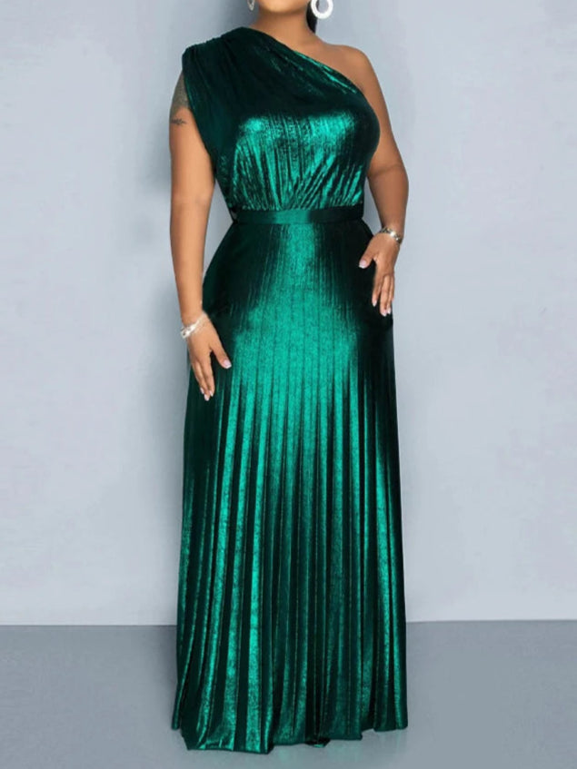 Metallic Golden One Shoulder Sleeveless Pleated A-Line Maxi Dress Elegant Cocktail Dress