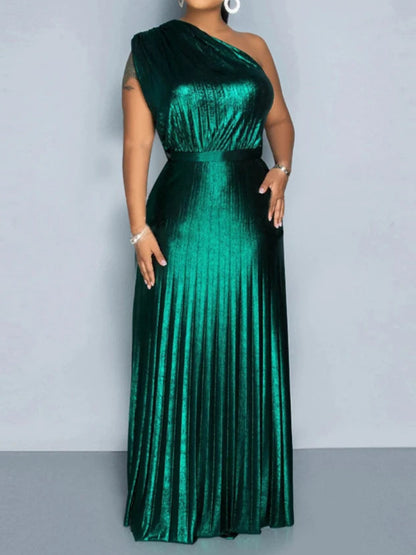 Metallic Golden One Shoulder Sleeveless Pleated A-Line Maxi Dress Elegant Cocktail Dress