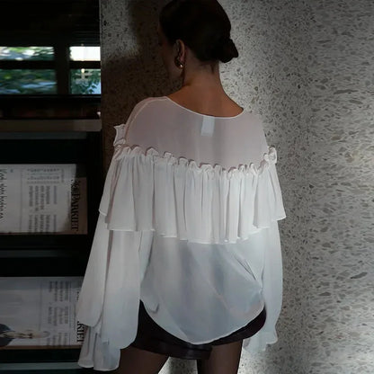 White Chiffon Shirt Women's V-Neck Sexy See Through Shirt Beach Ruffle Blouse