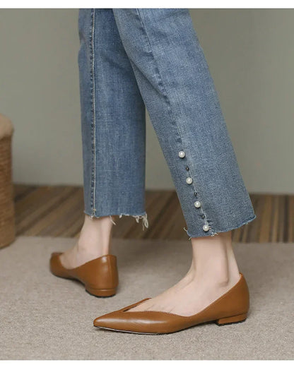 French Pointed Leather Shoe Simple Comfort Sheepskin Elegant Low Heel Shoes
