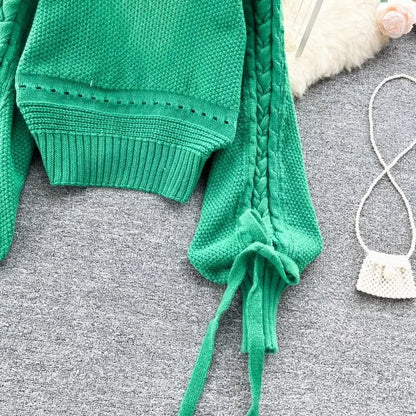 Green Casual Acrylic Knit V-Neck Lantern Long Sleeve Lace Up Women's Cardigan