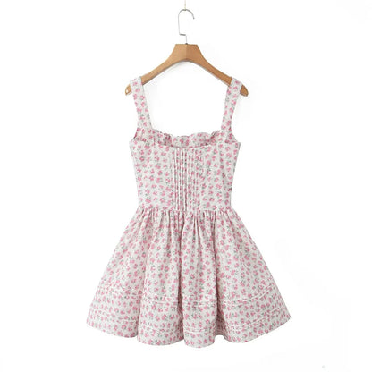 Women's Fashionable Floral Print Pleated Patchwork Slim Fitting Suspender Dress