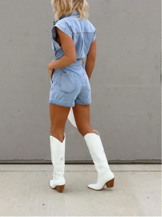 Women Denim Rompers Lapel Single-breasted Sleeveless Playsuits