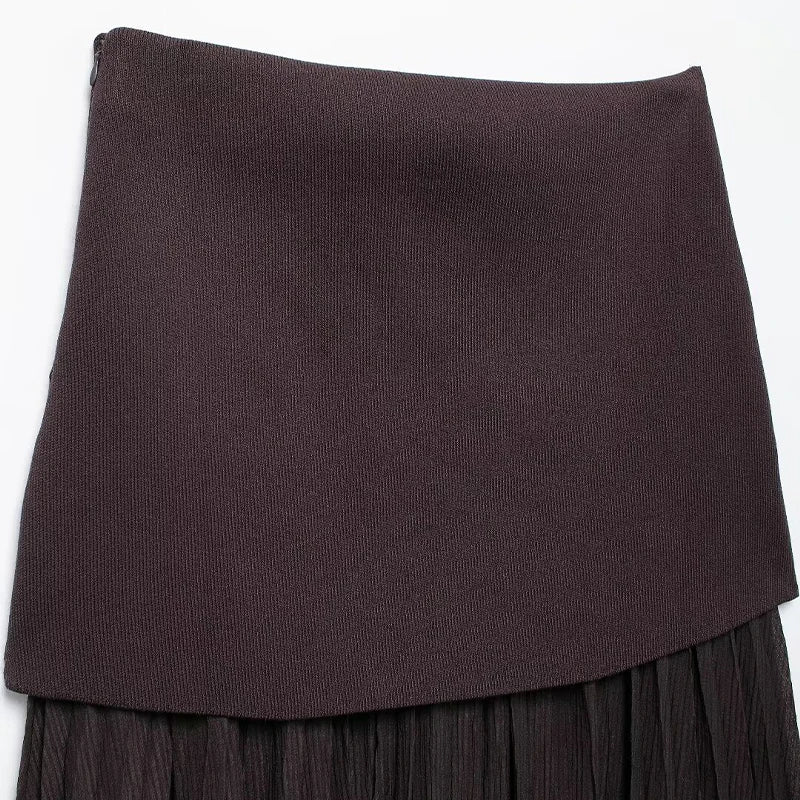Knitted Patchwork Pleated Side Zipper Midi Skirt Vintage High Waist Female Chic Lady Skirts