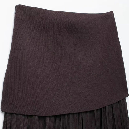 Knitted Patchwork Pleated Side Zipper Midi Skirt Vintage High Waist Female Chic Lady Skirts
