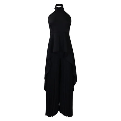 Elegant Two Piece Set Women Outfit Backless Top Hundred Pleated Wide Leg Pants Trousers Suit Summer Office Lady Suit