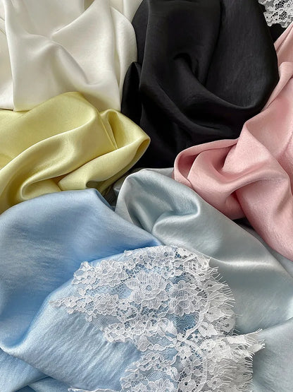 Satin Skirt With Lace Trim Patchwork Pack Hip Long A-line Skirt