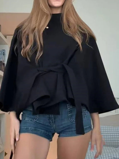 Belt Cropped Jacket Coat Women's Stand Collar Cape Outerwear
