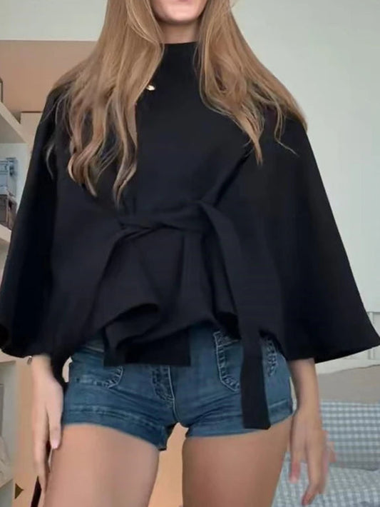 Belt Cropped Jacket Coat Women's Stand Collar Cape Outerwear