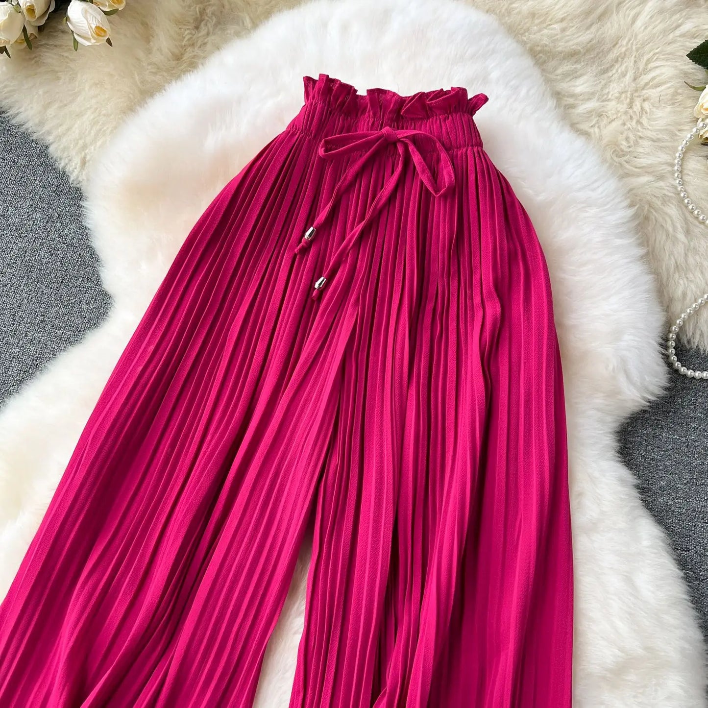 Women Long Pants Wide Leg Pant Solid Loose Casual Lace Up Tight High Waist Capris Regular Pleated Trousers