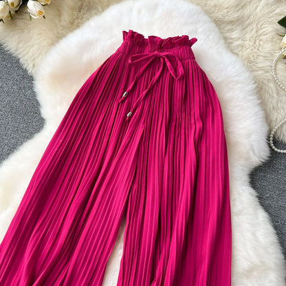 Women Long Pants Wide Leg Pant Solid Loose Casual Lace Up Tight High Waist Capris Regular Pleated Trousers