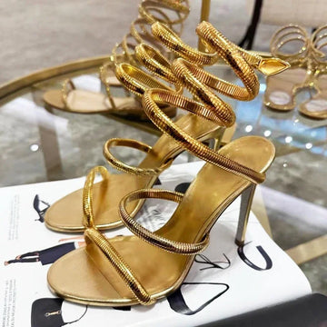 Snake Strap Open Toe Narrow Band Women Sandals Thin High Heels Stripper Sexy Shoes