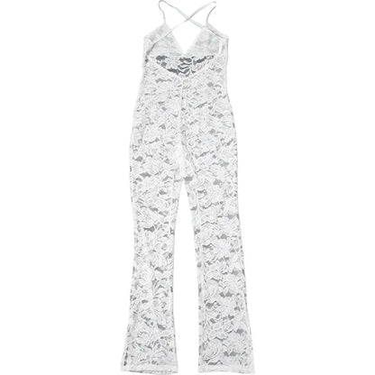 Cross Backless Jumpsuit Women Sexy See Thorough V-Neck Sleeveless Summer Coquette Stretch Overalls Club Birthday Outfit