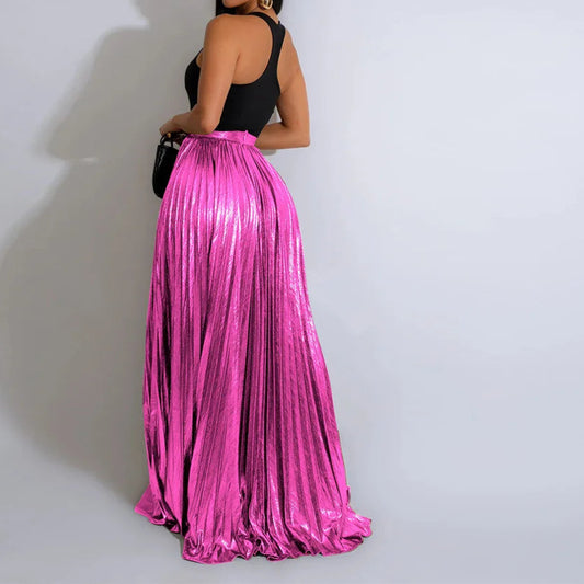 High Side Split Big Swing Pleated Floor Length Skirt High Waist Maxi Skirts