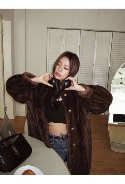 Brown Thick Warm Soft Faux Mink Fur Coat Women Puff Sleeve Stand Collar Fluffy Jacket