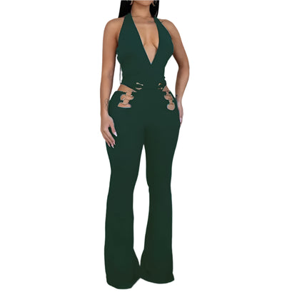 Women V-Neck Backless Straight Sleeveless Flare Jumpsuits One Piece Outfits