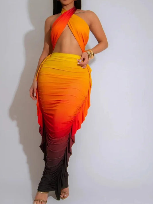 Tropical Goddess Halter Neck Crop Top And Maxi Skirt Set Resort Two-Piece Set