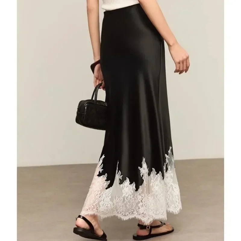 Fairy Lace-Trim Satin Midi Skirt High Waist Elegant Wrapped Hip Long Skirts