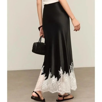 Fairy Lace-Trim Satin Midi Skirt High Waist Elegant Wrapped Hip Long Skirts