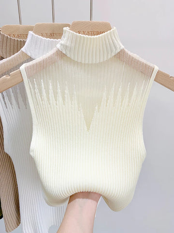 Chic Mesh Knitted Half Neck Vest Female Sleeveless Top