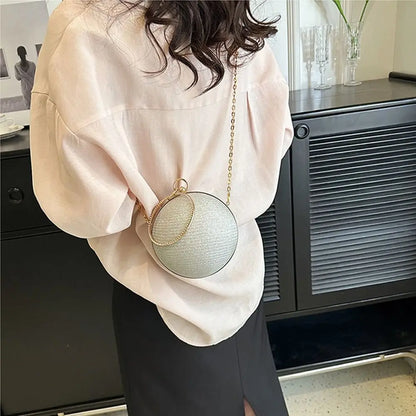 Gold Bright Silk Circular Evening Bag Women Banquet Clutch Rhinestone Chain Shoulder Bags