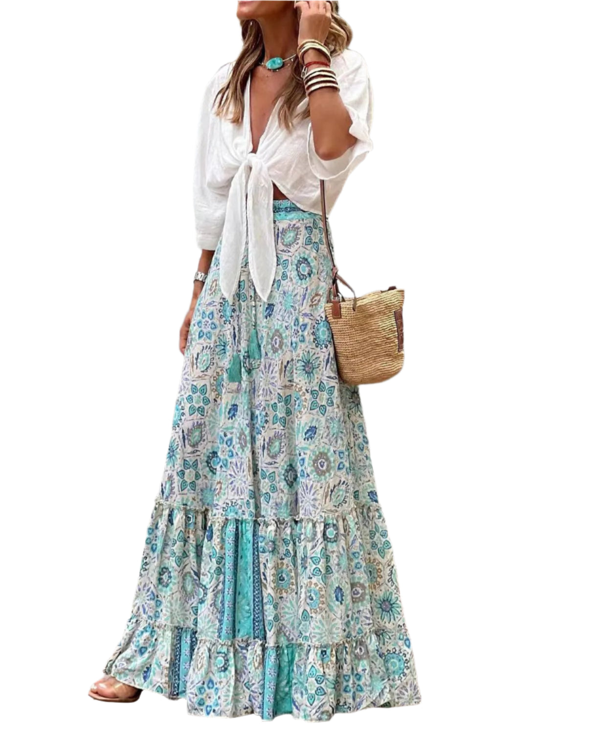 Bohemian Style Printed A-line Skirt Women Fashion Beach Vacation Loose Drawstring Ruffles Skirts Female  Summer New Streetwear