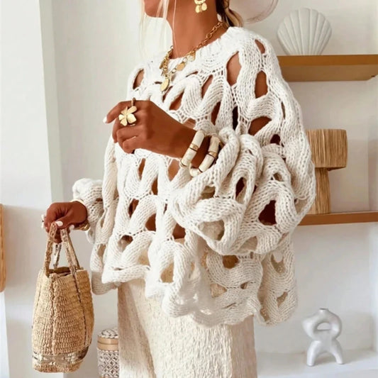 Sexy Hollow Out Long Sleeved Knitted Sweater Loose Crochet Pullover