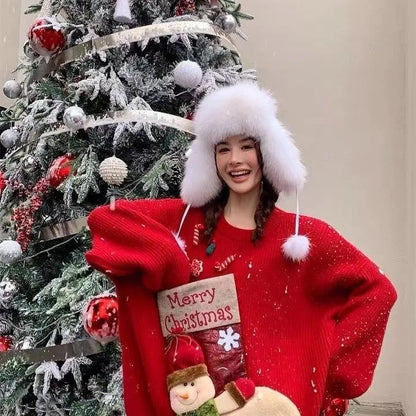 Christmas Sweater Loose New Lazy Thick Sweater Three-dimensional Cartoon Red Sweater